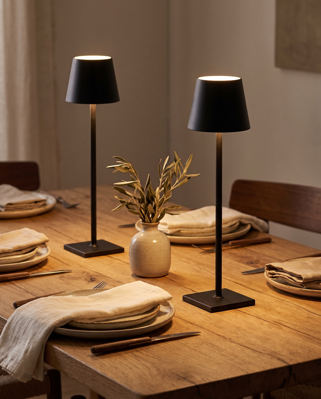 Two cordless table lamps on an oak dining table set for dinner, Wick & Wool