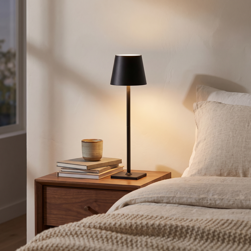 Cordless rechargeable table lamp glowing on a walnut nightstand at dusk, Wick & Wool