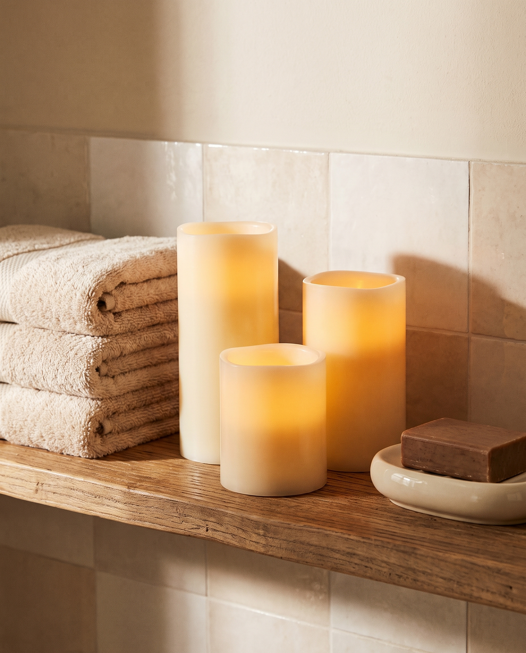 Flameless candles on a bathroom shelf with oat towels, Wick & Wool