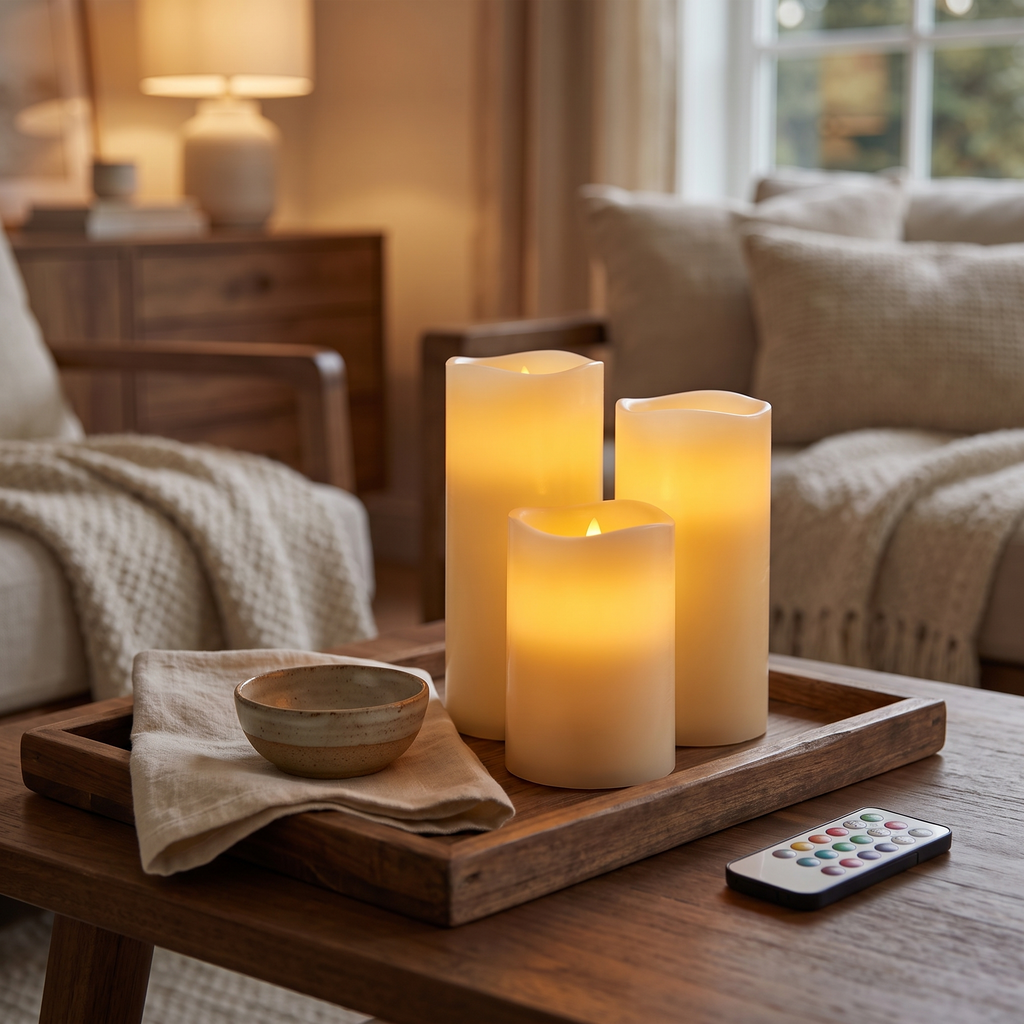 Three ivory flameless candles glowing on a walnut tray, Wick & Wool