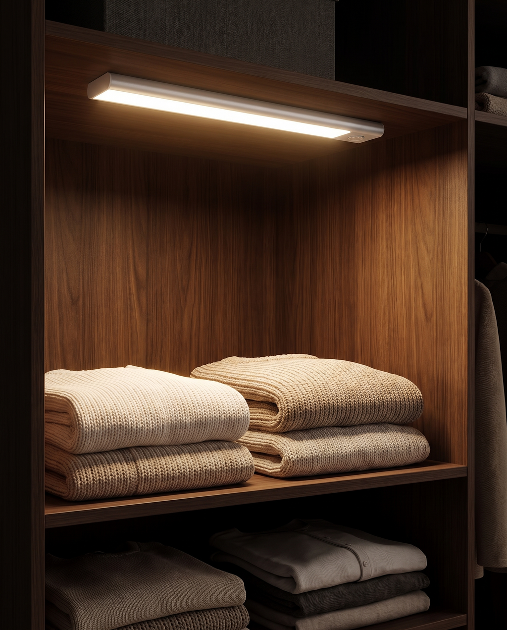 Motion sensor light inside a wardrobe above folded sweaters, Wick & Wool