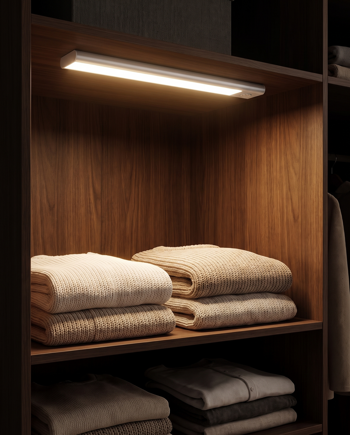 Motion sensor light inside a wardrobe above folded sweaters, Wick & Wool