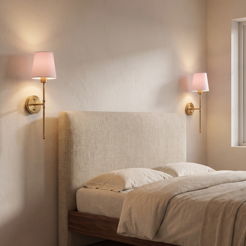Pair of battery operated wall sconces glowing beside a linen headboard, Wick & Wool