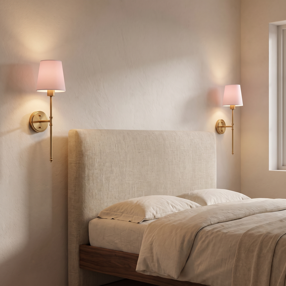 Pair of battery operated wall sconces glowing beside a linen headboard, Wick & Wool