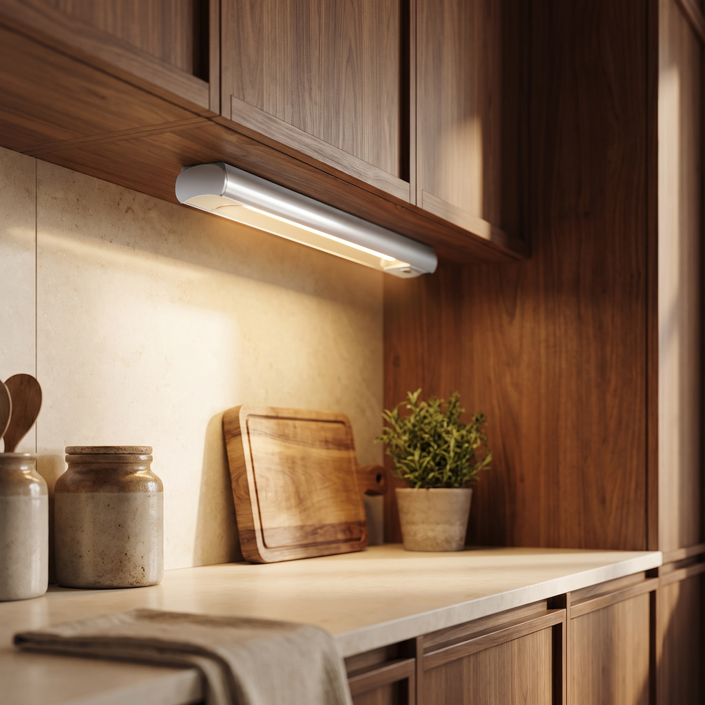 Rechargeable under cabinet light glowing over a kitchen counter, Wick & Wool