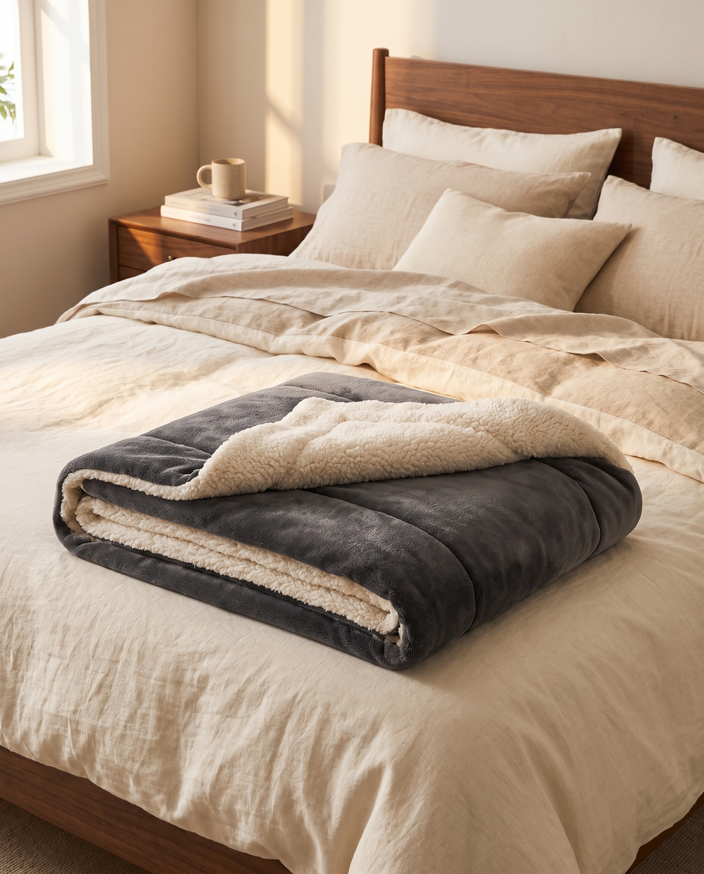 Sherpa throw folded at the foot of a bed, Wick & Wool