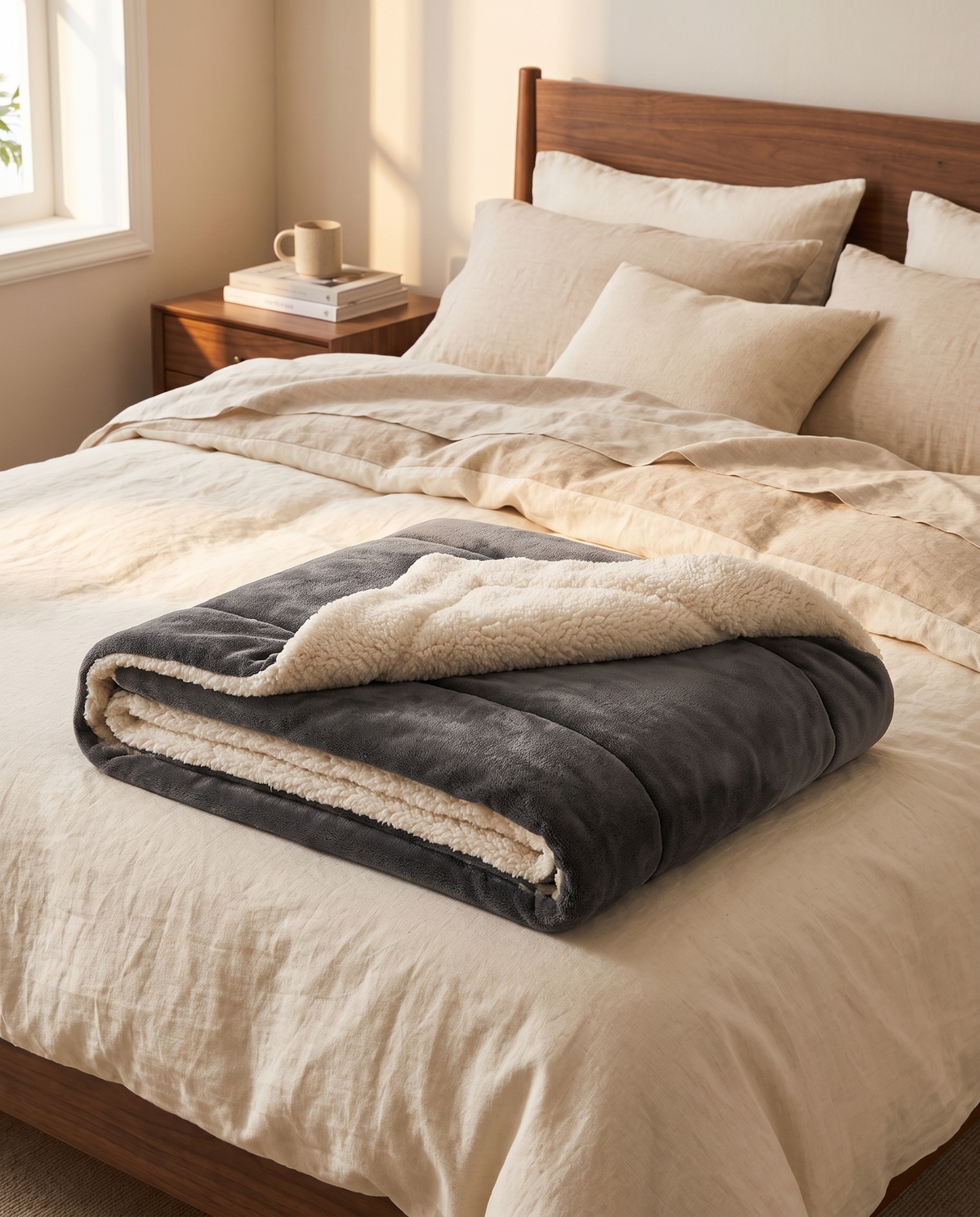 Sherpa throw folded at the foot of a bed, Wick & Wool