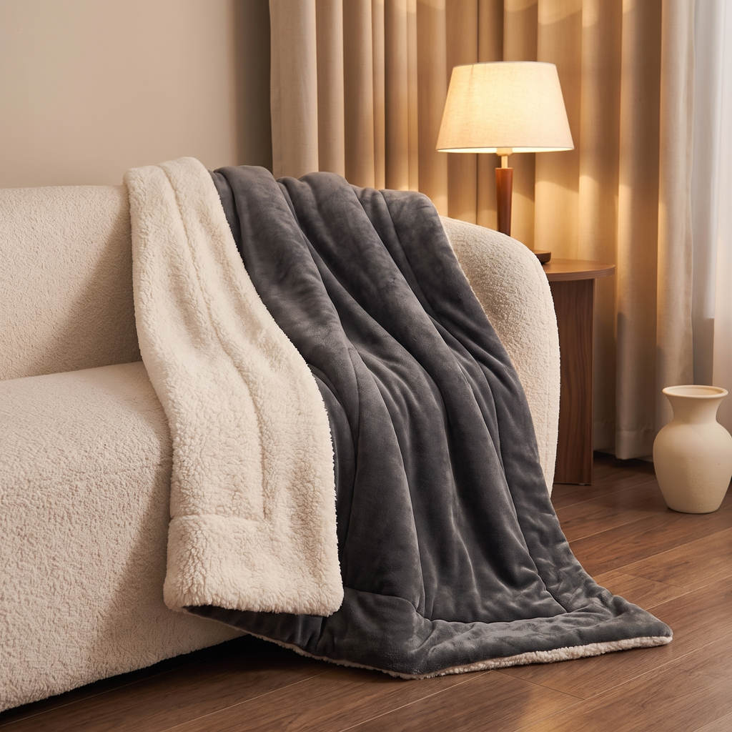 Reversible sherpa throw draped over a cream boucle sofa, Wick & Wool