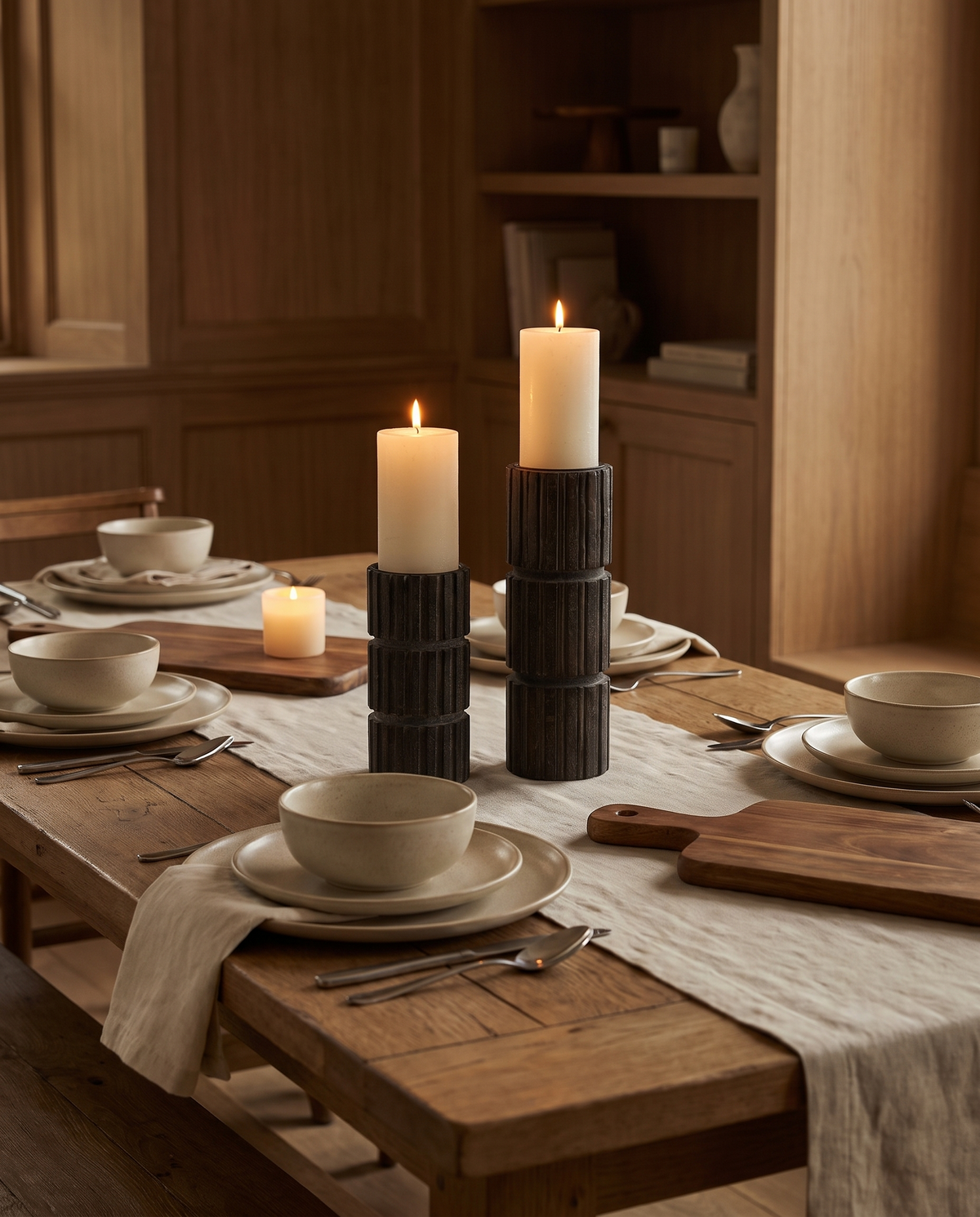Wooden candle holder as a dining table centerpiece, Wick & Wool