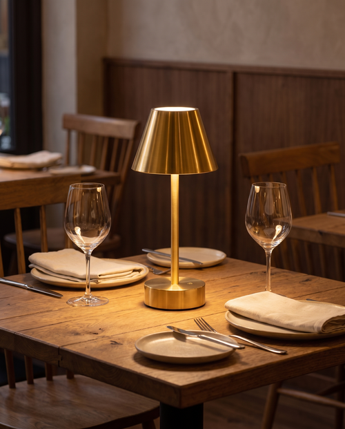 Brass cordless lamp on a dining table set for two, Wick & Wool