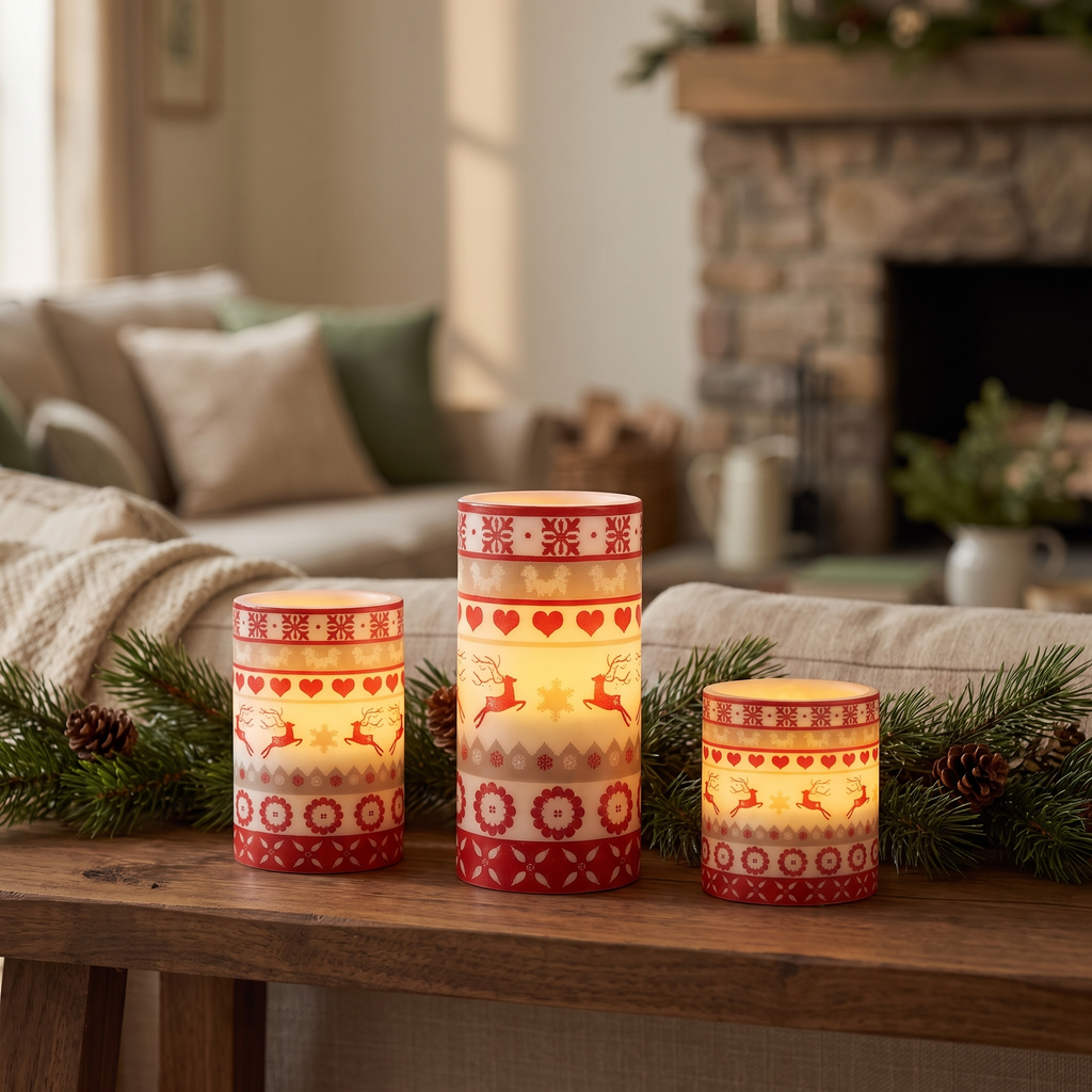 Three Christmas flameless candles glowing on a mantel with pine garland, Wick & Wool