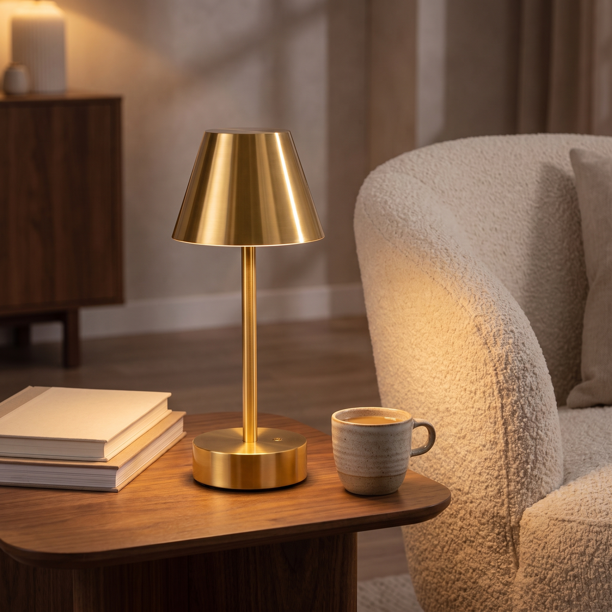 Brass cordless table lamp glowing on a walnut side table, Wick & Wool