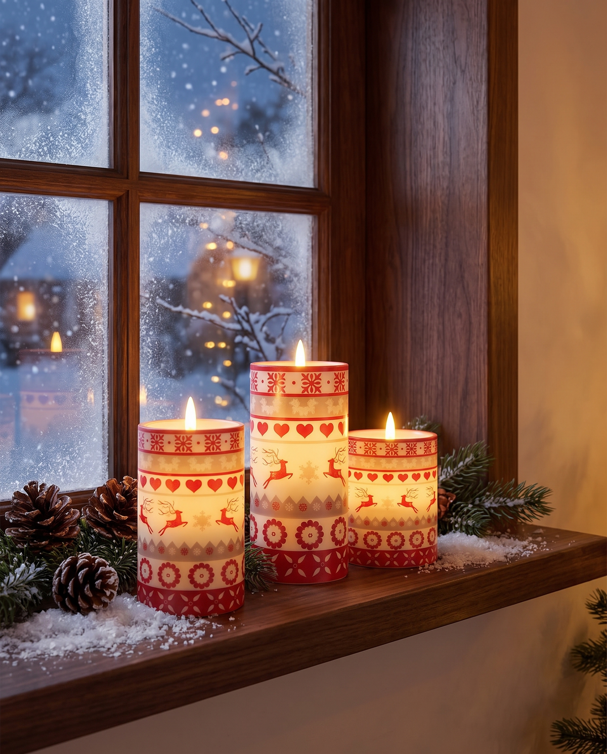 Christmas flameless candles on a snowy window sill, Wick & Wool