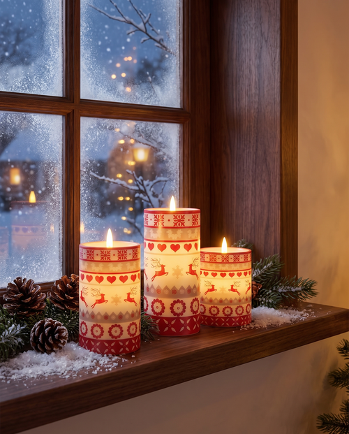 Christmas flameless candles on a snowy window sill, Wick & Wool