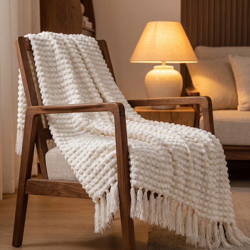 Chenille knit throw with tassels draped over a walnut armchair, Wick & Wool