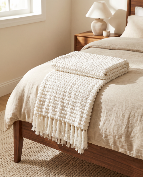 Chenille knit throw folded at the end of a bed, Wick & Wool