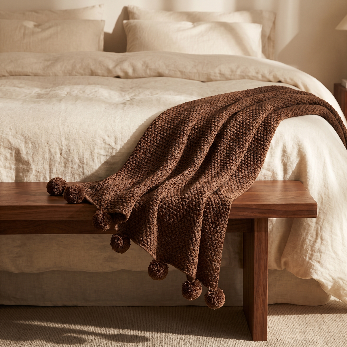 Beige pom pom knit throw on a walnut bench at the foot of a bed