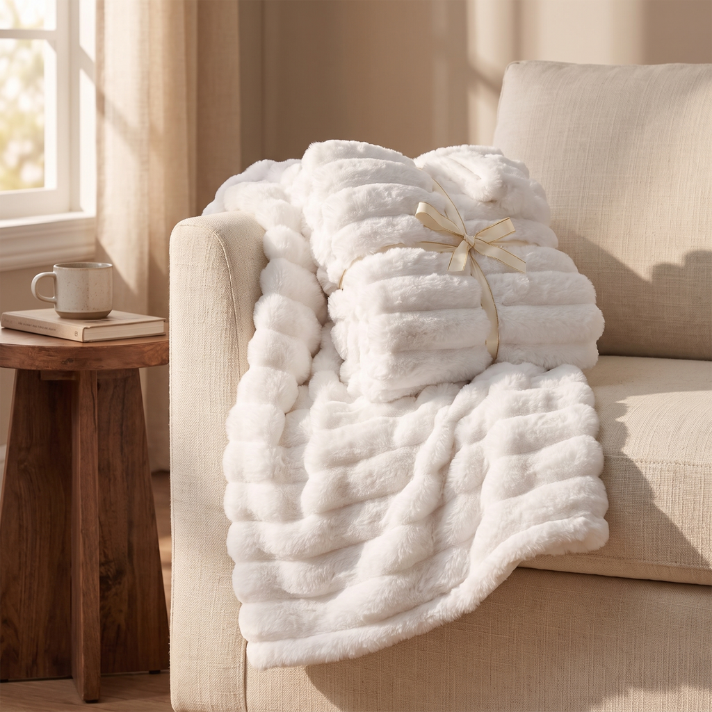 White faux fur throw folded over a cream sofa arm