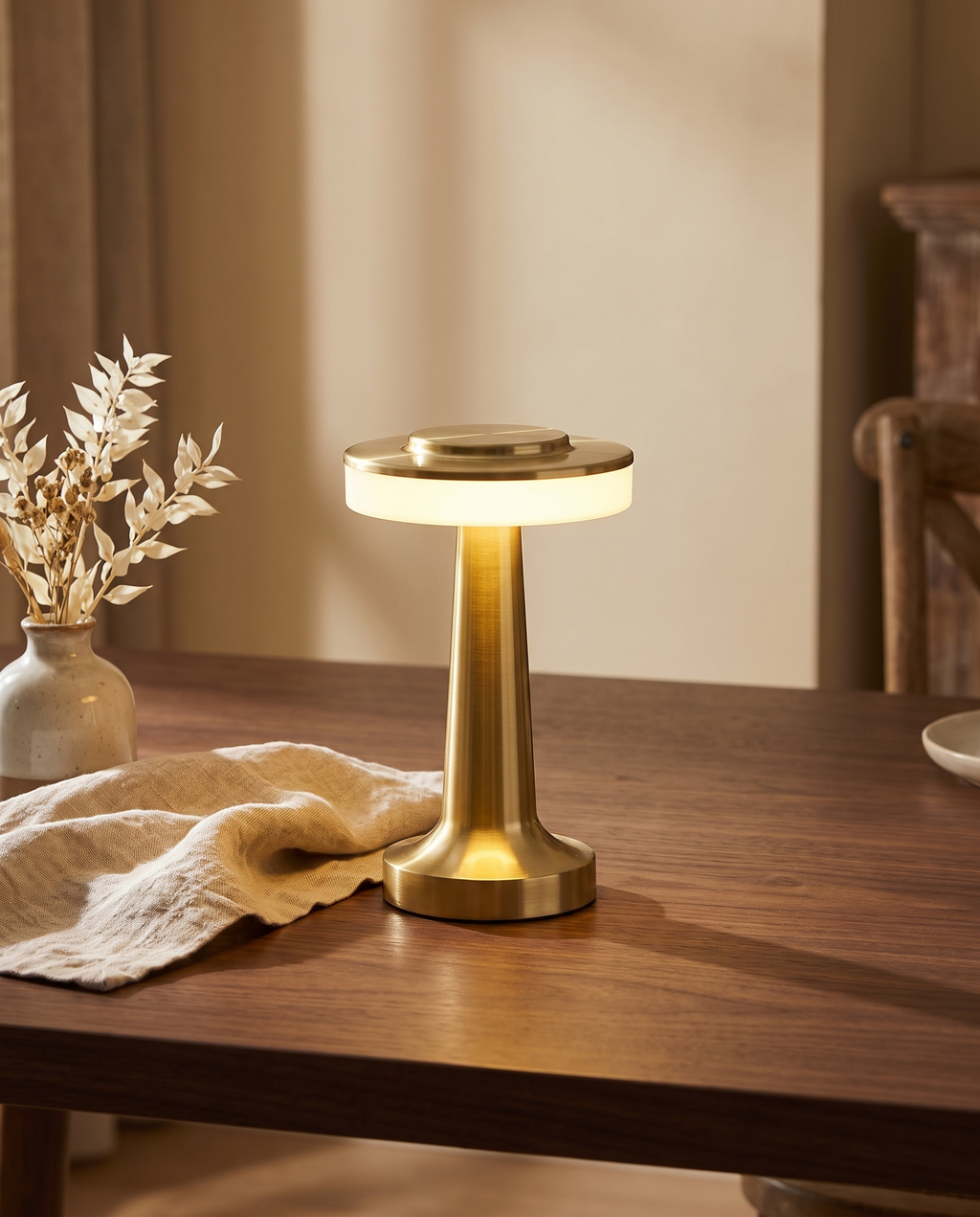 Gold mushroom lamp on a dining table in the evening