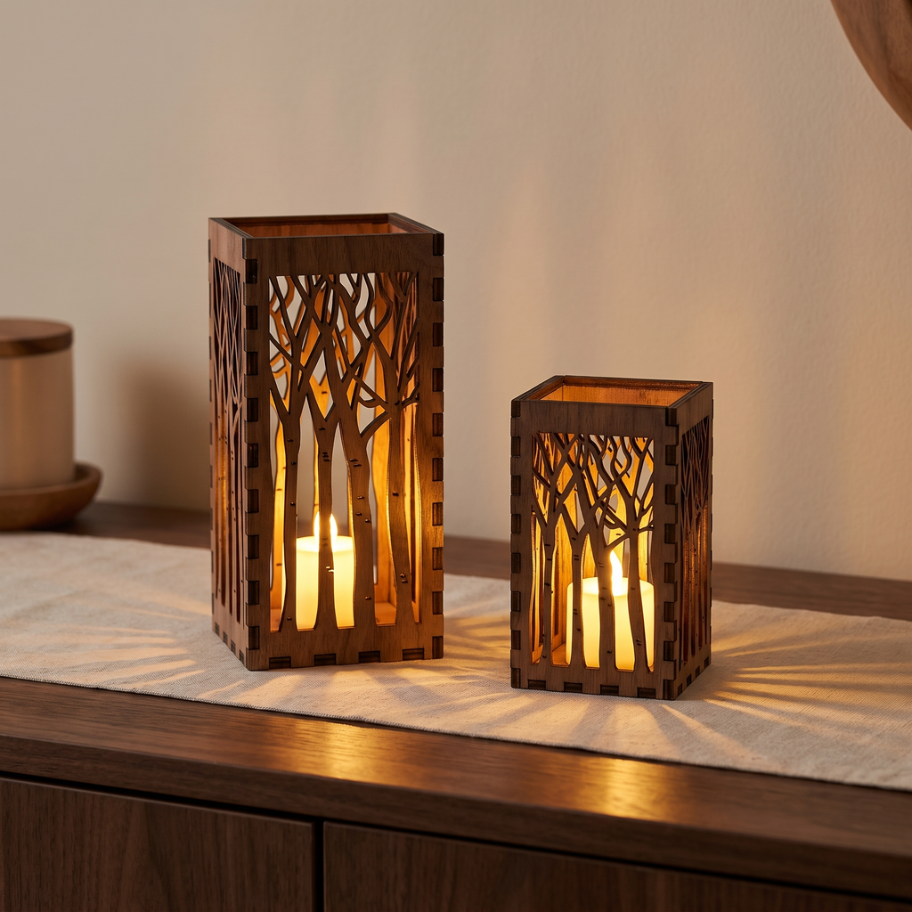 Two wooden tree lanterns glowing on a walnut sideboard