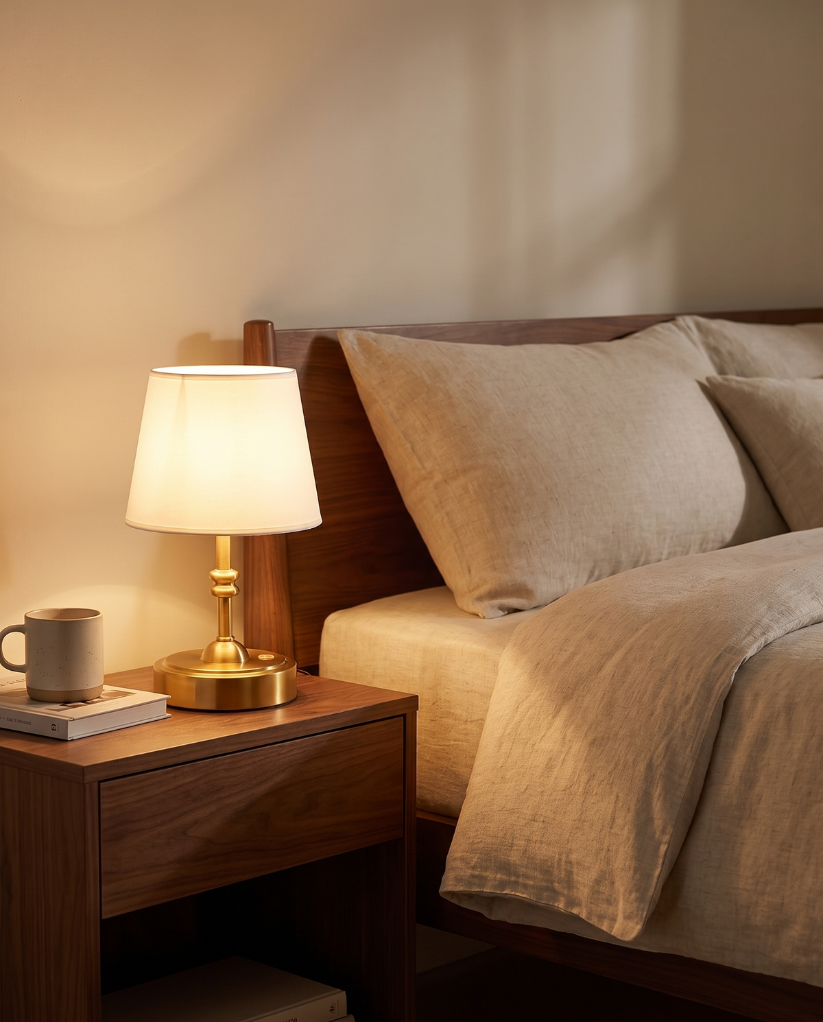 Cordless fabric shade lamp on a bedside table