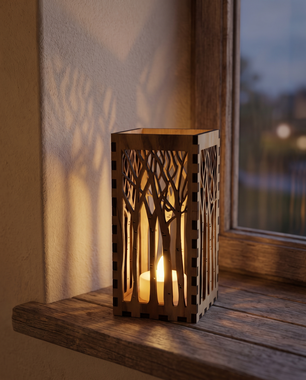 Wooden tree lantern casting tree shadows on a windowsill