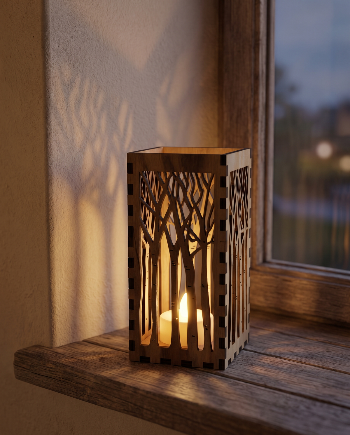 Wooden tree lantern casting tree shadows on a windowsill