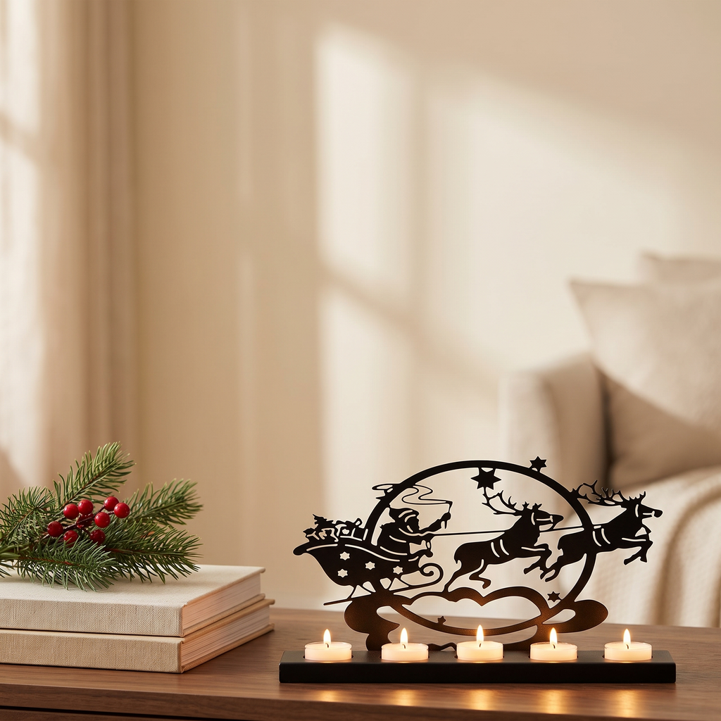 Santa sleigh tealight holder with five lit tealights on a walnut table