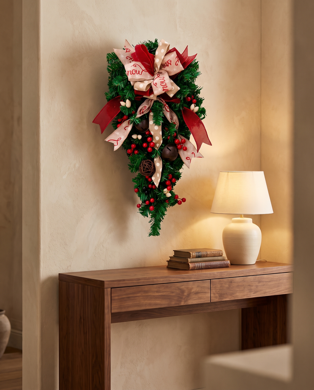 Christmas teardrop wreath above a walnut console table