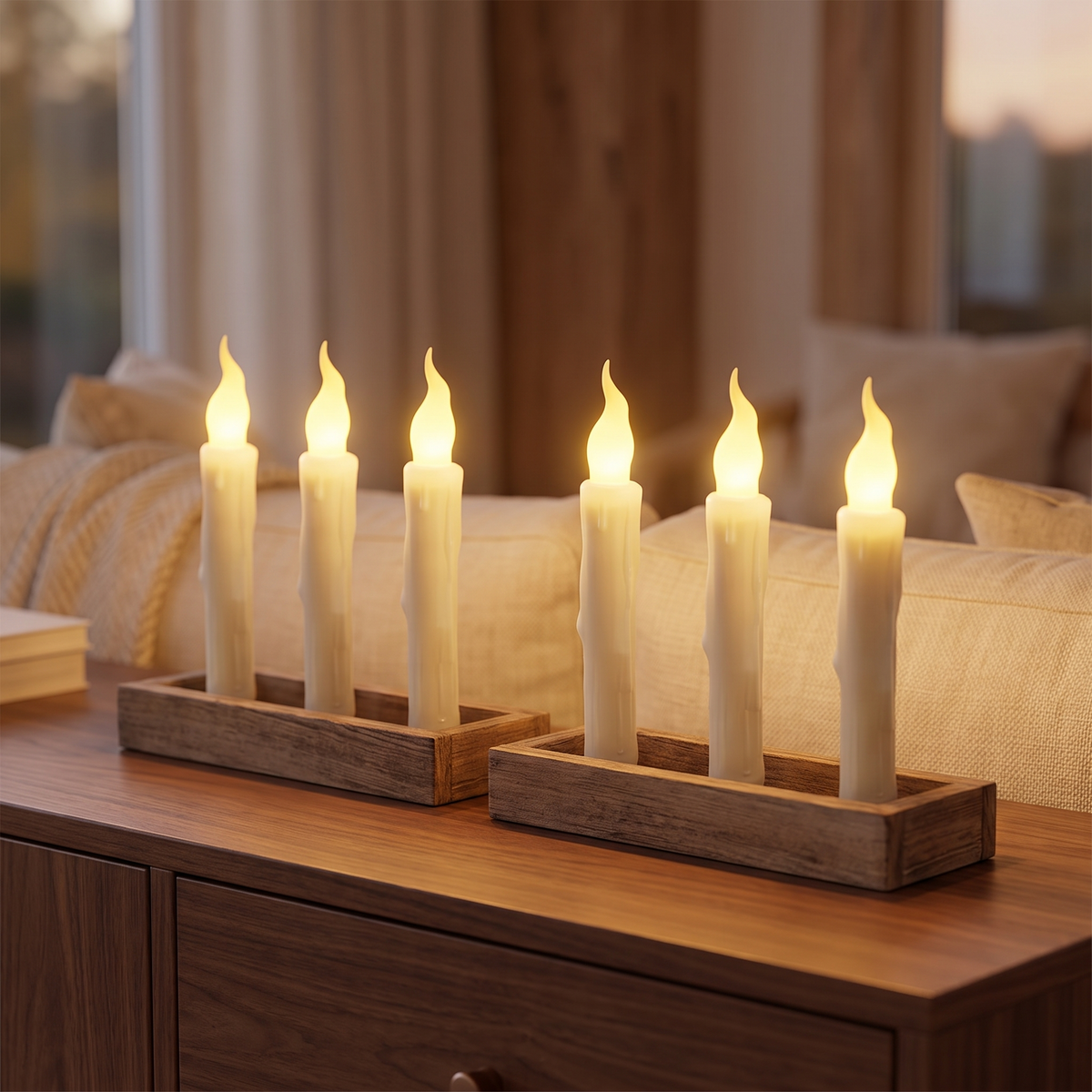 Six flameless LED taper candles glowing on a walnut sideboard