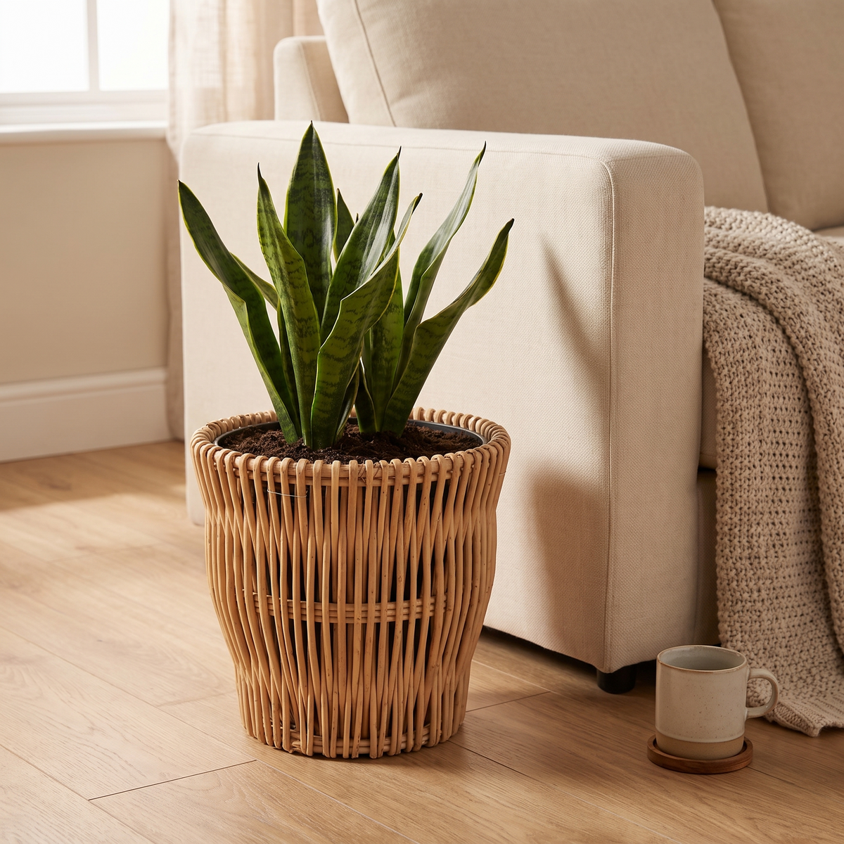 Natural woven willow planter with a snake plant beside a cream sofa
