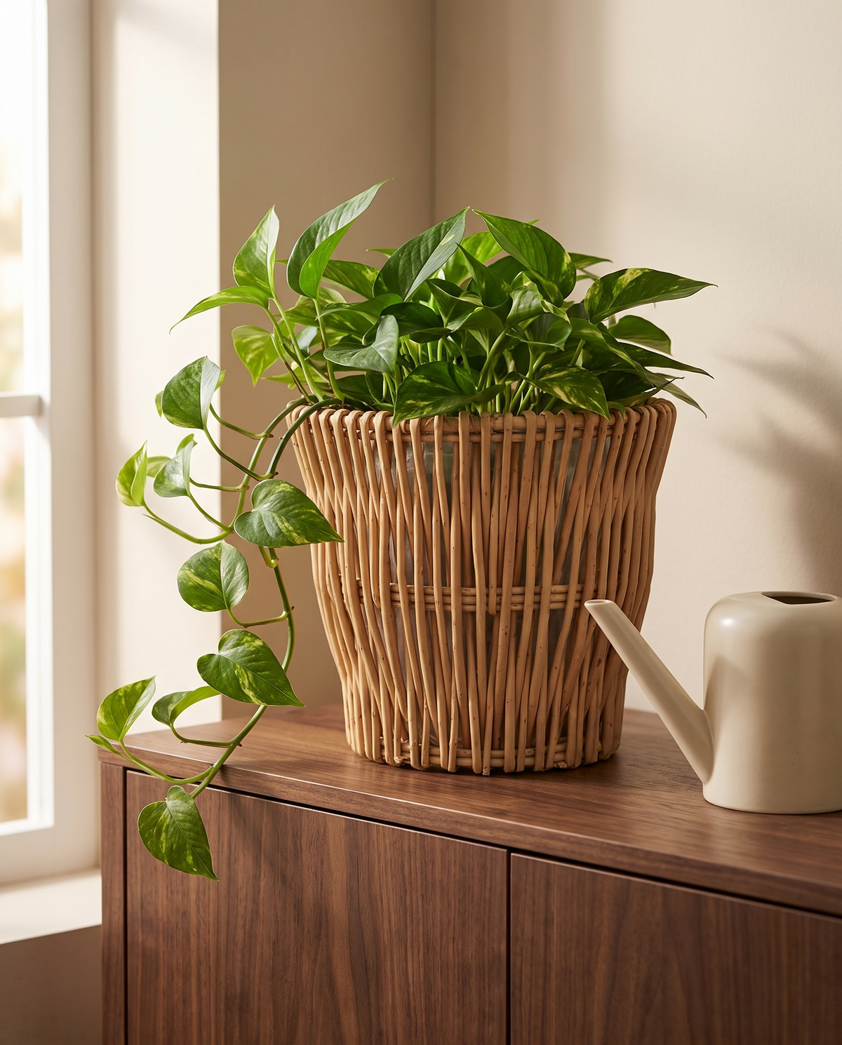 Natural woven willow planter with a pothos on a walnut sideboard