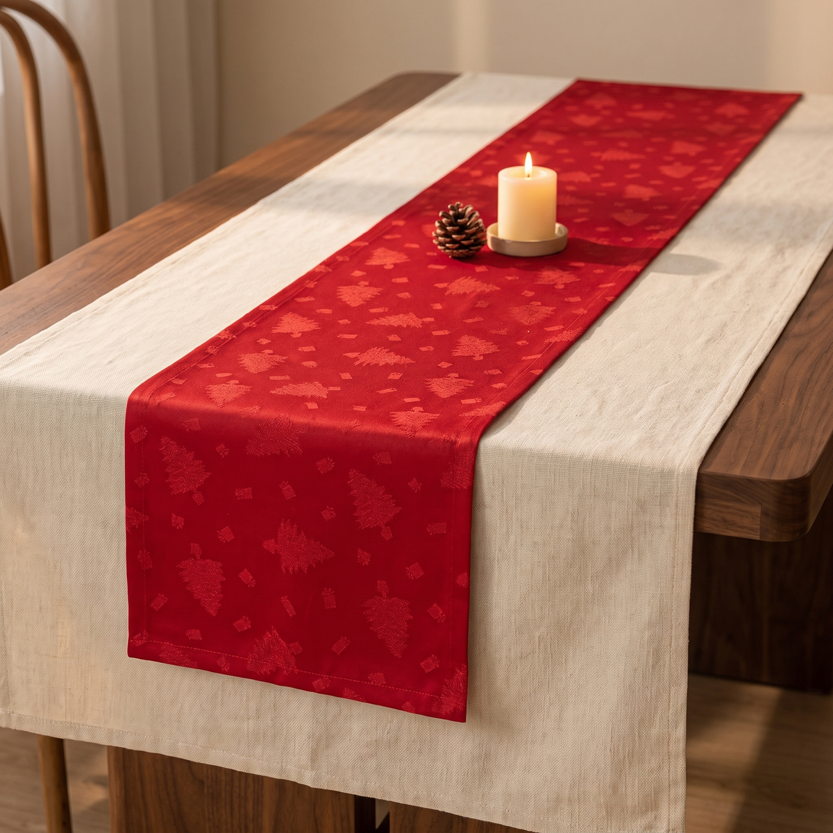 Red jacquard Christmas table runner on a walnut dining table