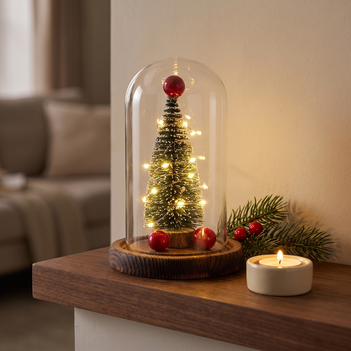 Glass dome Christmas tree with warm fairy lights on a walnut mantel