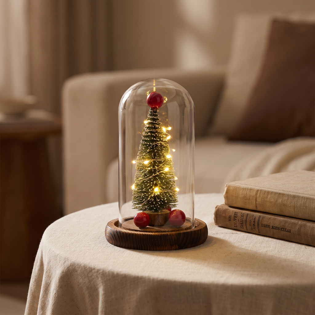 Glass dome Christmas tree lit on a linen-covered side table